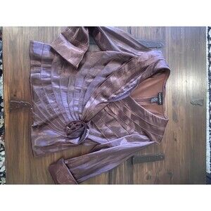 Vintage Cachet Top Women's Sz 10 Brown Satin Layered Long Sleeve Zip Back Retro